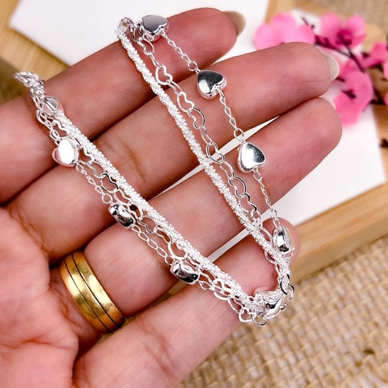 PULSEIRA FOLHEADA A PRATA 925 - FIO TRIPLO CORAÇÕES