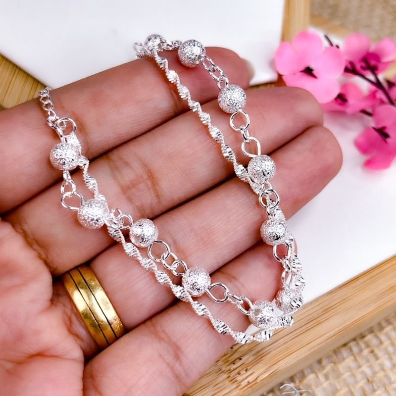 PULSEIRA FOLHEADA A PRATA 925 - FIO DUPLO SIGAPURA E BOLINHAS