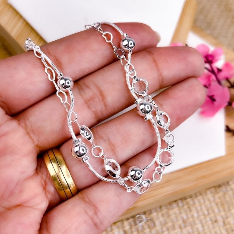 PULSEIRA FOLHEADA A PRATA 925 - DOIS FIOS BOLINHA E TIFANY