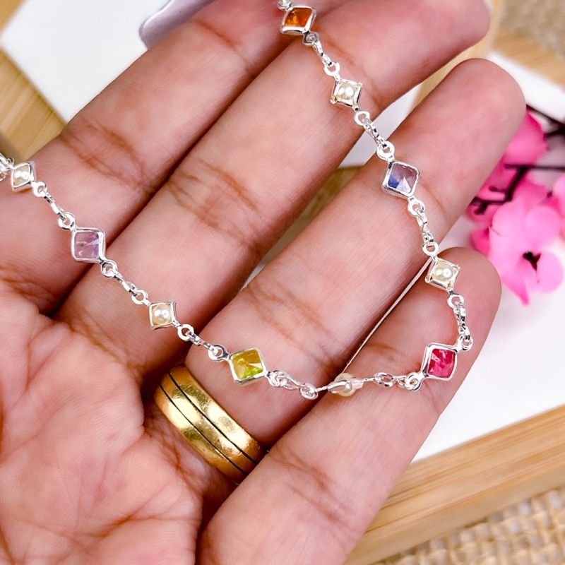 PULSEIRA FOLHEADA A PRATA 925 - PEDRINHAS E PÉROLAS