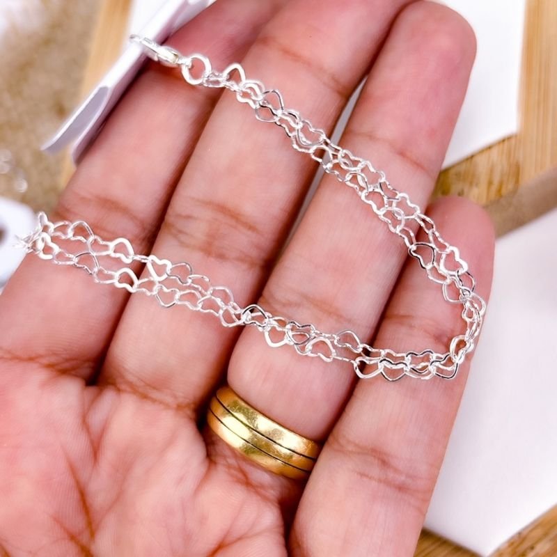 PULSEIRA FOLHEADA A PRATA 925 - DOIS FIOS MINI CORAÇÕES