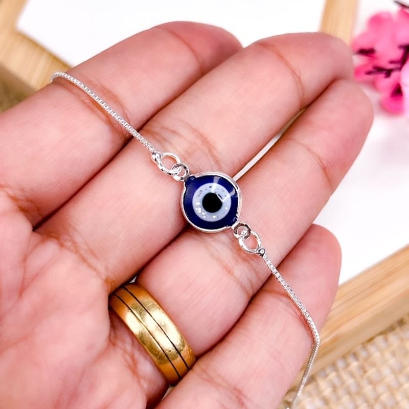 PULSEIRA FOLHEADA A PRATA 925 - OLHO GREGO AZUL ESCURO
