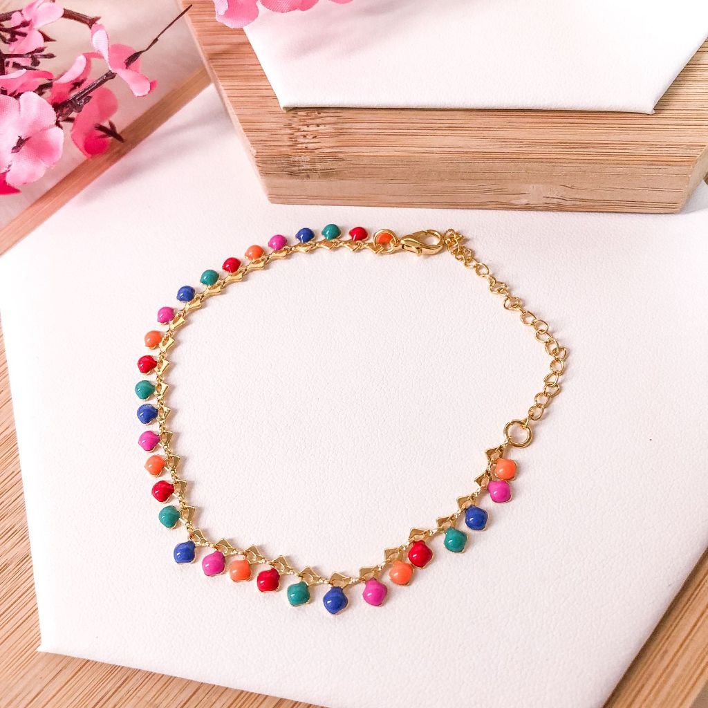 PULSEIRA FOLHEADA DOURADA - CORAÇÕES COLORIDA