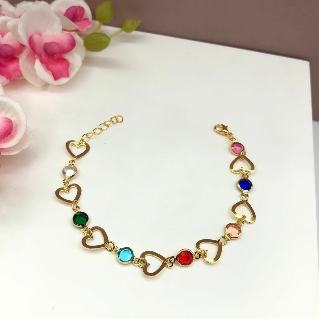 PULSEIRA FOLHEADA DOURADA - CORAÇÕES E TIFANY COLORIDA