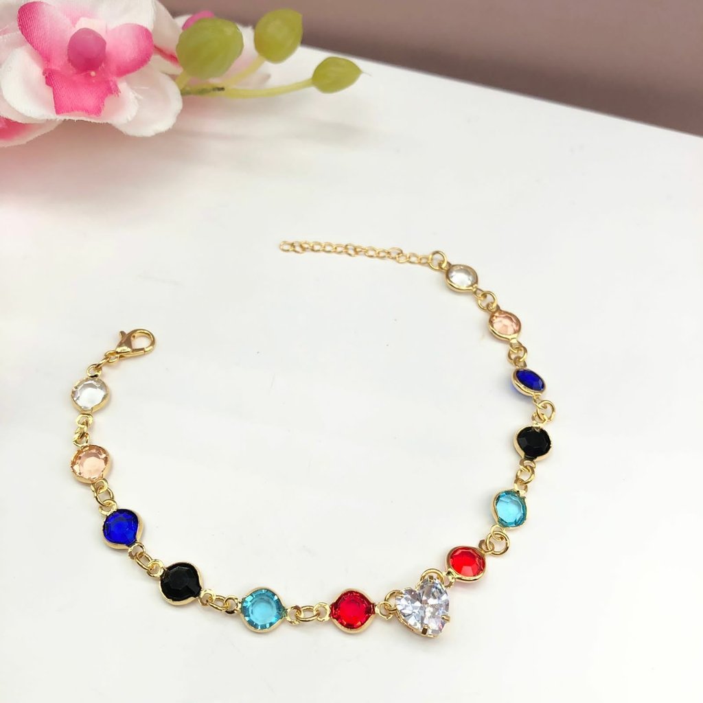 PULSEIRA FOLHEADA DOURADA - TIFANY COLORIDA E CORAÇÃO CRISTAL
